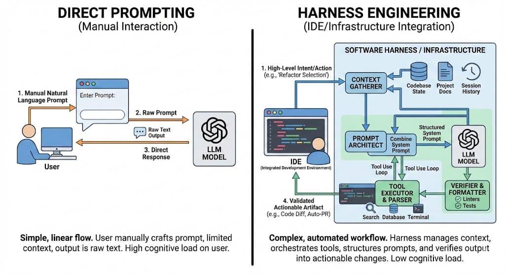 Diagram comparing Direct Prompting (manual, linear flow, high cognitive load) with Harness Engineering (IDE-integrated workflow with context gathering, prompt structuring, tool use, and verification).