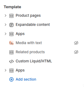 Shopify theme editor showing a list of sections such as Product pages, Expandable content, Media with text, with an Add section button