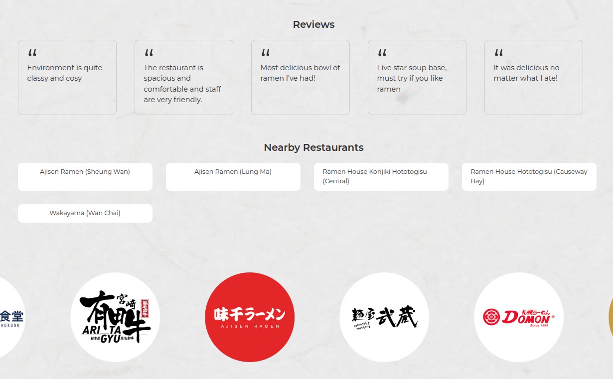Customer reviews section with elegant quote styling, and nearby restaurants feature enabling cross-brand restaurant discovery and internal linking for SEO