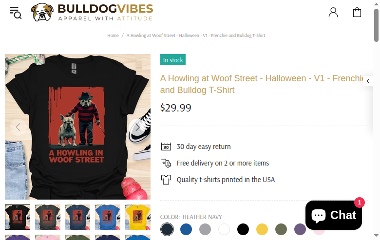 Product detail page for a Howling at Woof Street t-shirt showing image gallery, color swatches, trust signals, in stock badge, and Add to Cart