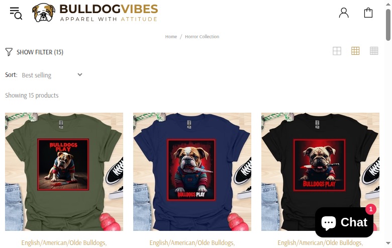 Horror Collection page showing the themed seasonal lineup with Halloween-inspired bulldog and frenchie character designs