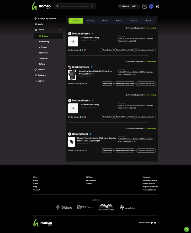 Completed platform showing successful order confirmation and multi-vendor order management