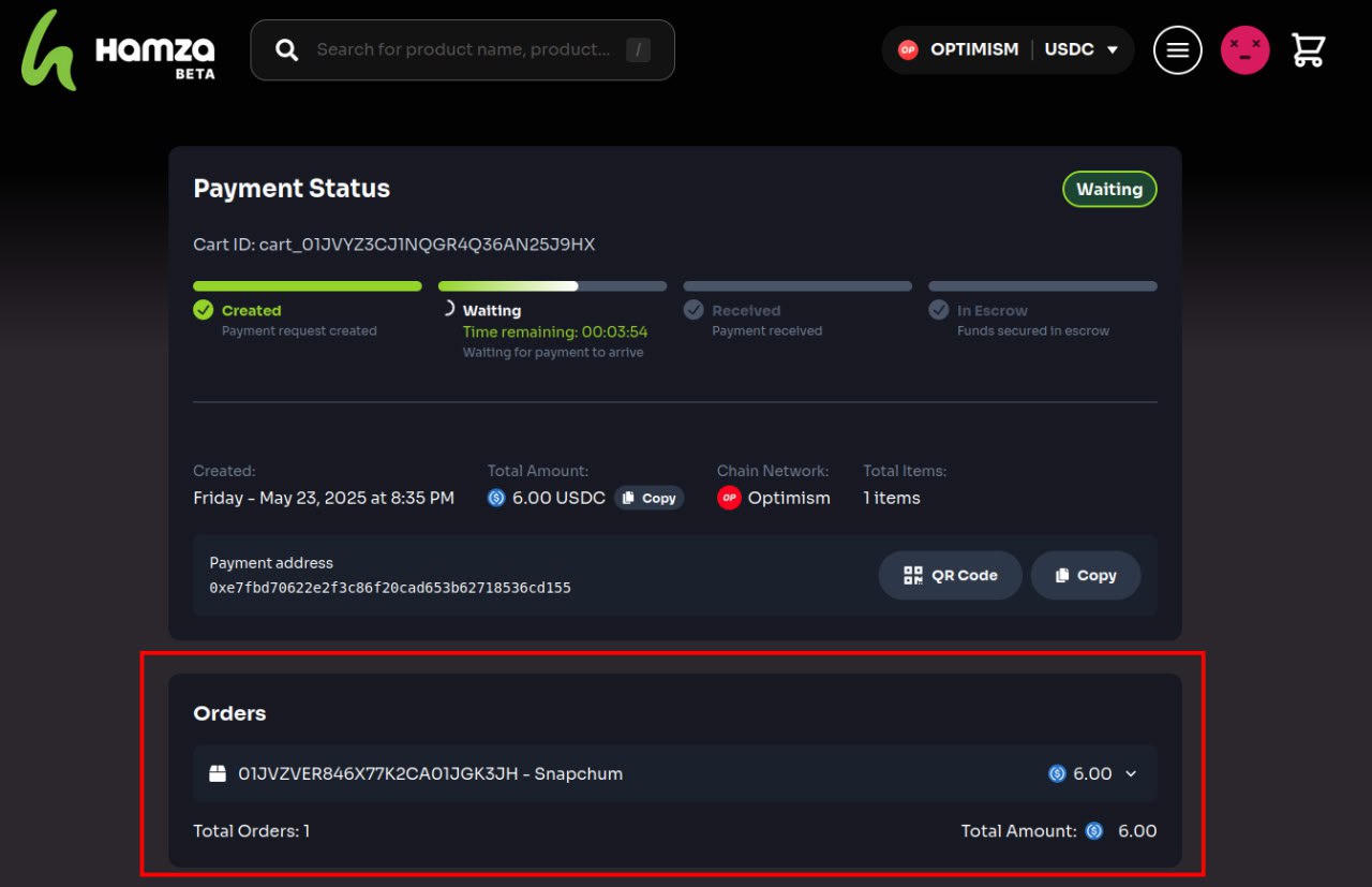Payment status page showing blockchain transaction confirmation