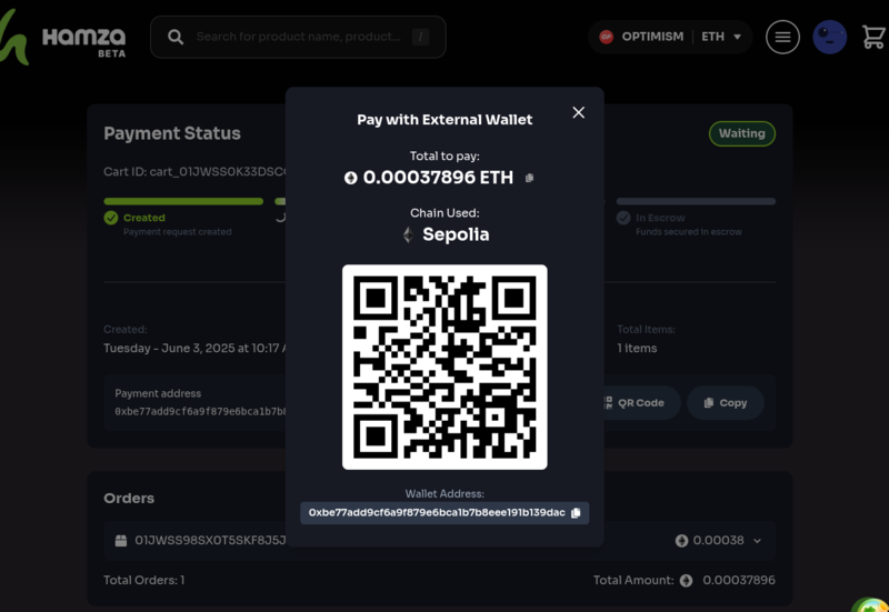 Payment status page showing blockchain transaction confirmation