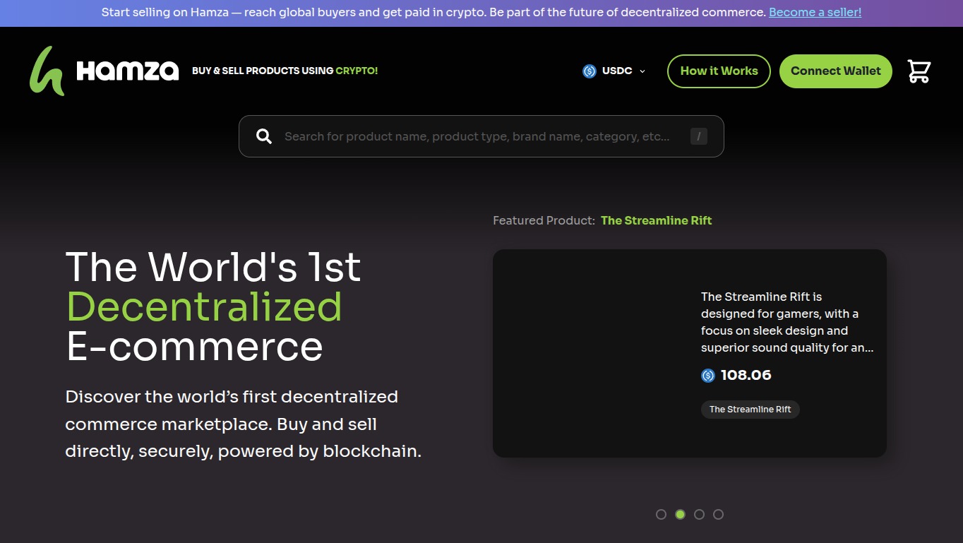 Hamza Market storefront showing e-commerce interface with Web3 payment integration
