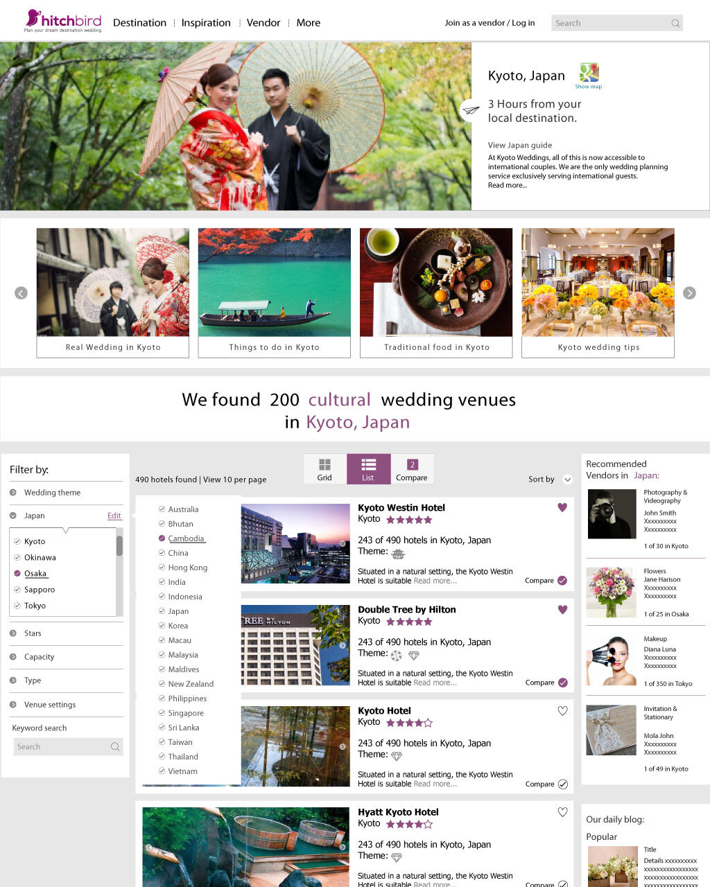 Kyoto, Japan city page with sidebar filters, vendor listing, and recommended vendors rail