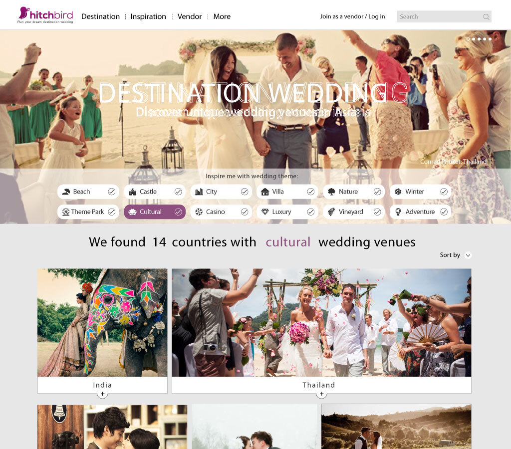 Hitchbird homepage hero with destination wedding banner, twelve wedding theme inspiration icons, and the start of the country grid