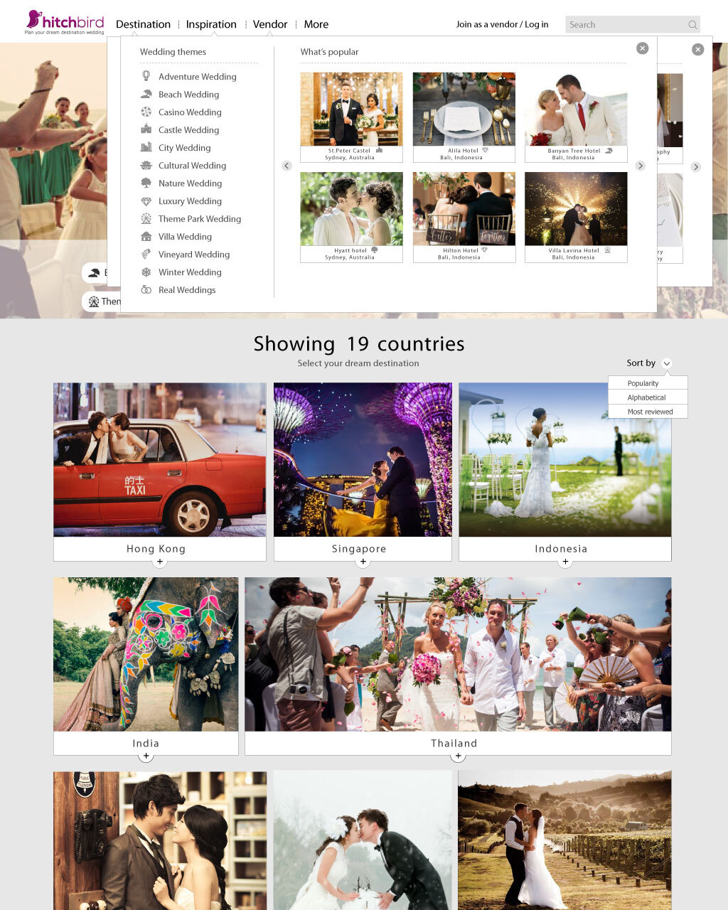 Hitchbird homepage with the wedding-theme selector expanded, showing all 12 wedding theme icons