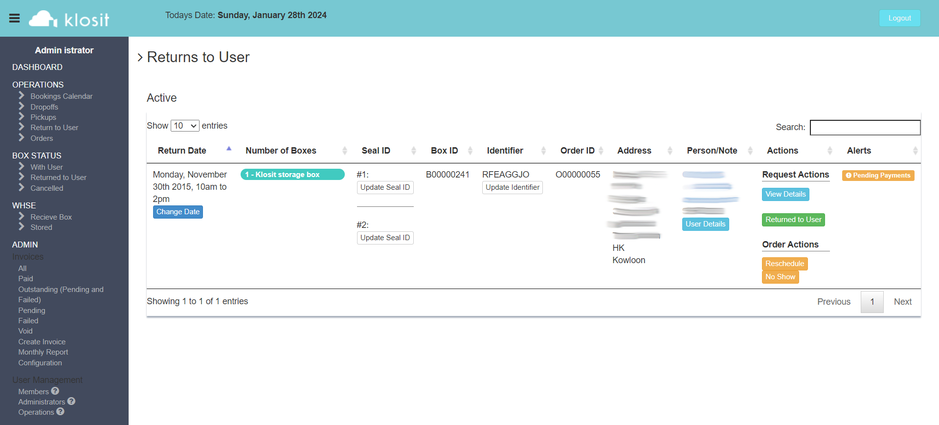 Admin panel showing return management and logistics workflow