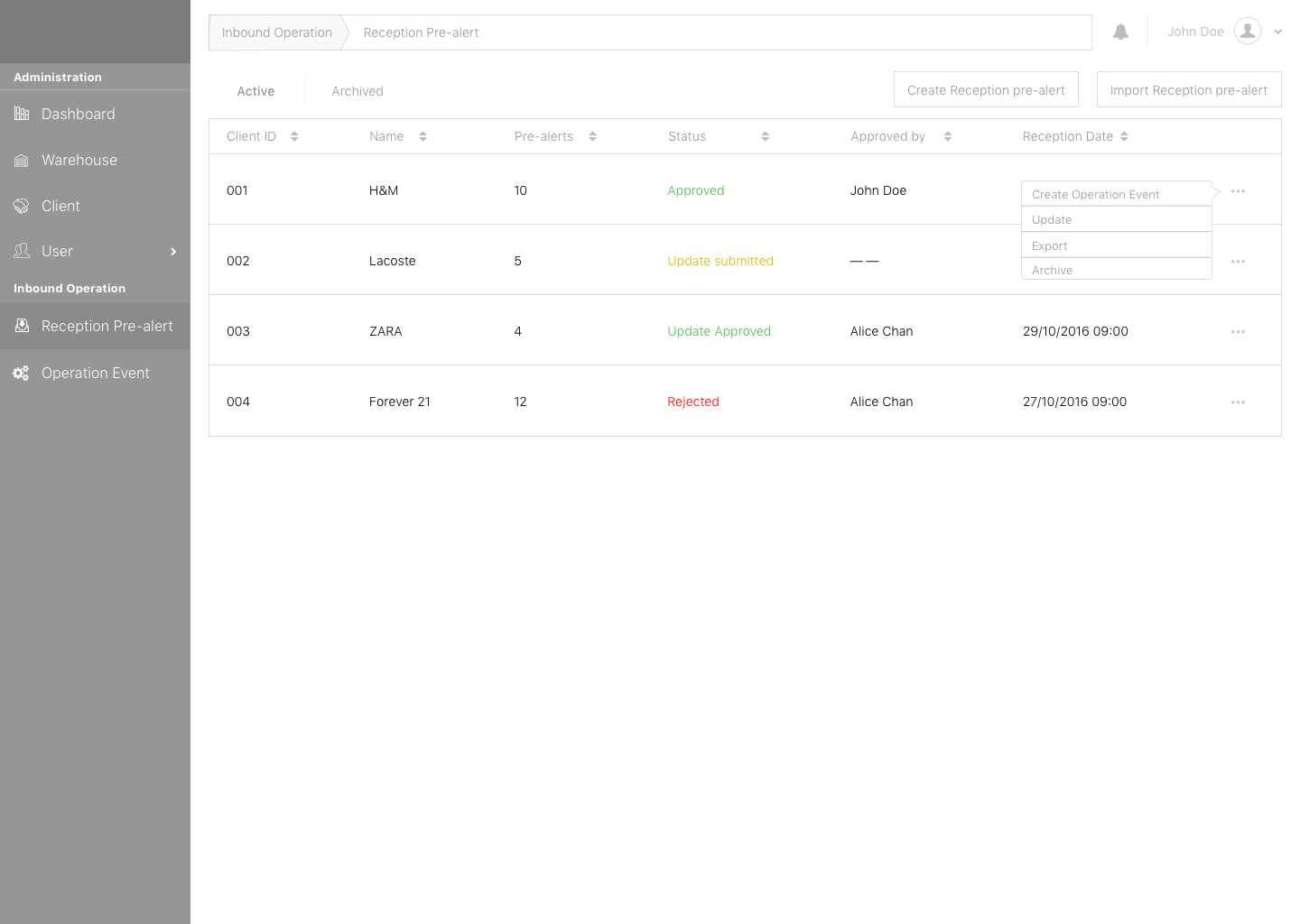 WMS-v2 inbound operation reception pre-alert view showing fashion clients H&M, Lacoste, ZARA, and Forever 21 with status tracking