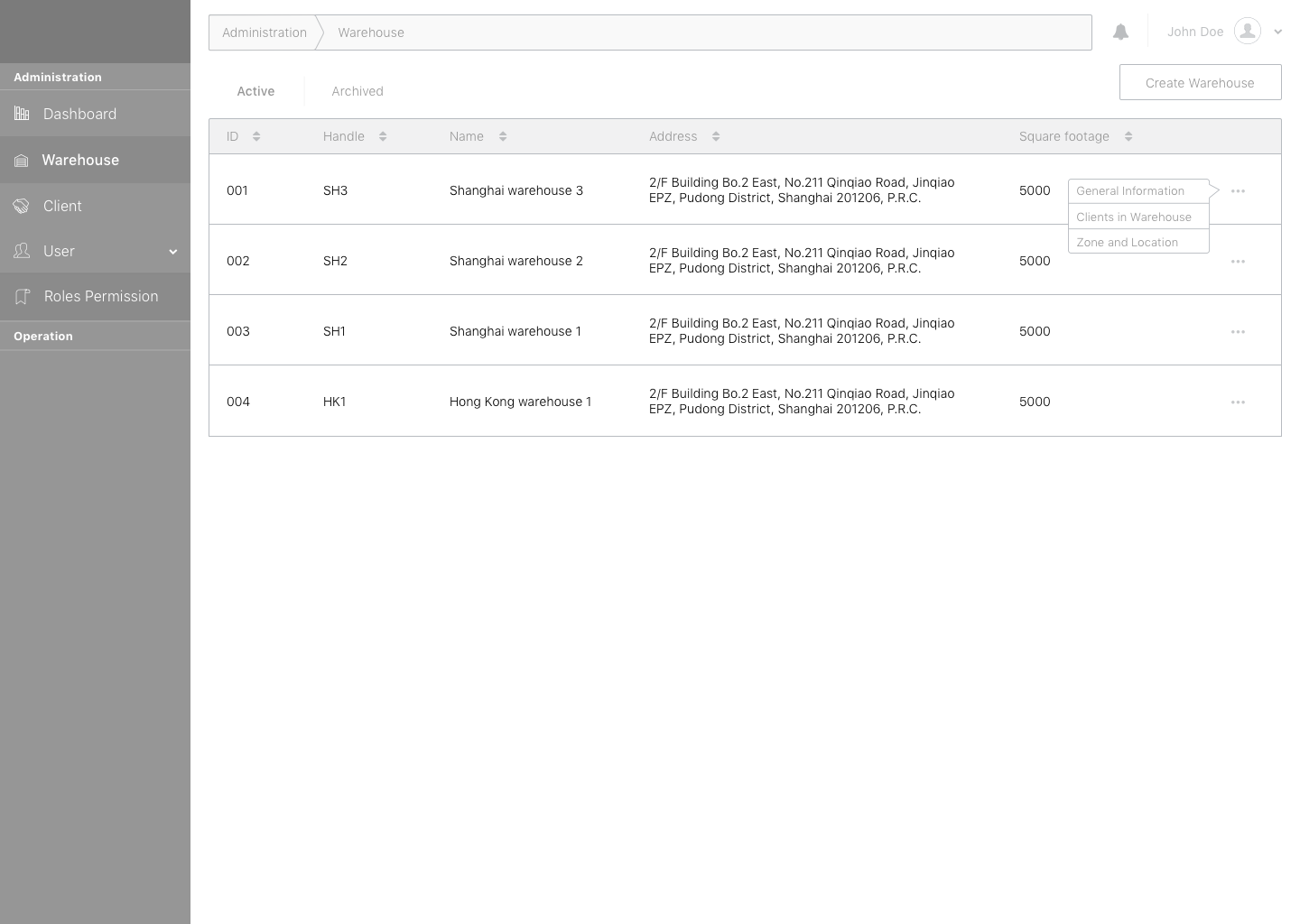WMS-v2 warehouse list view wireframe showing multi-city Shanghai and Hong Kong warehouses with 5000 sq ft capacity each