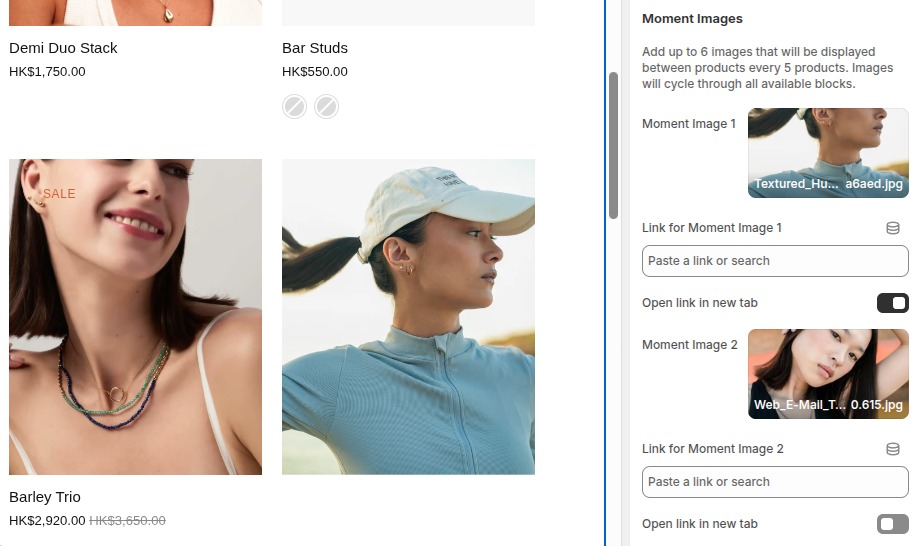 Collection page showing standard Shopify limitations with hidden product variants