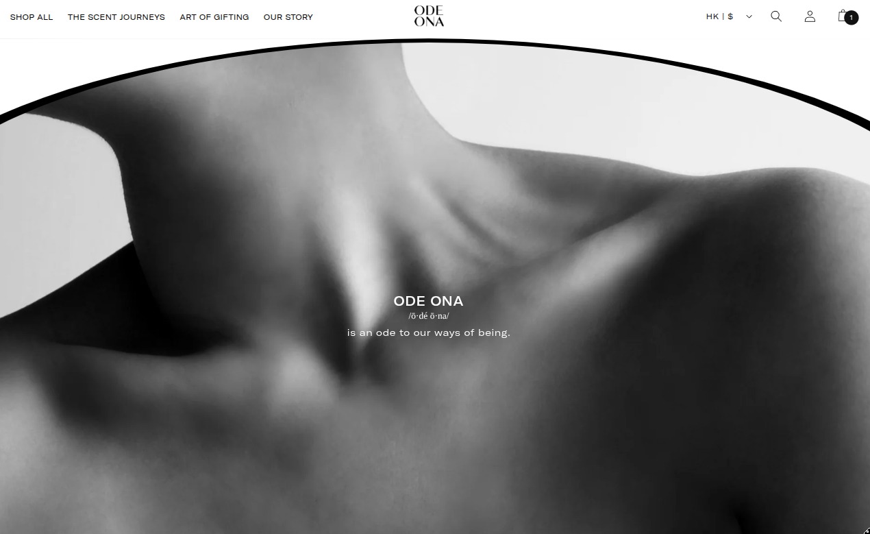 Odeona homepage hero section with monochrome aesthetic and minimalist typography