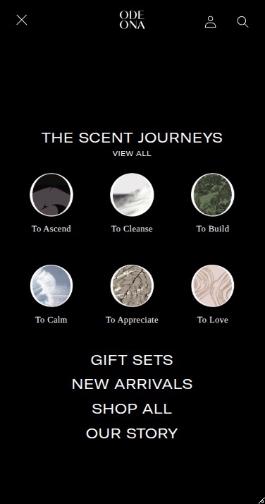 Optimized mobile navigation menu for Odeona with Scent Journeys categories