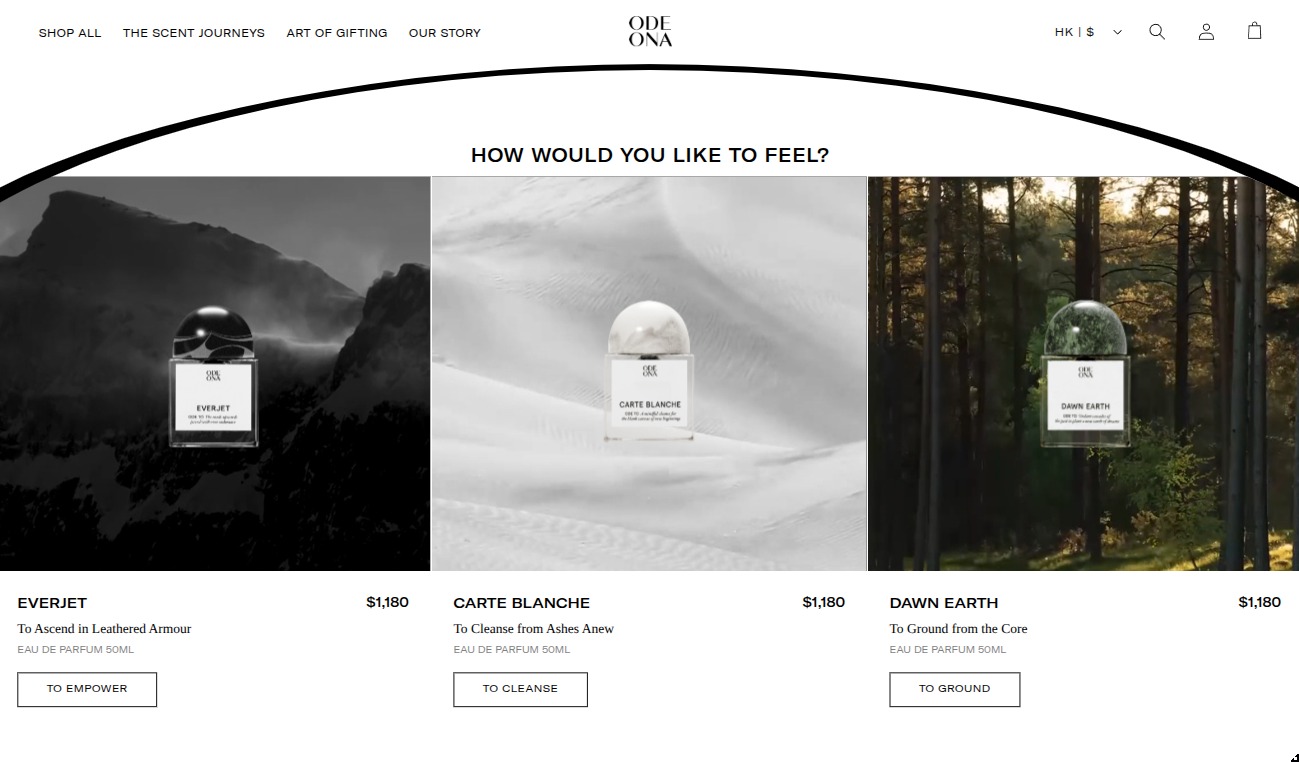 Odeona product showcase section with three high-resolution perfume product images