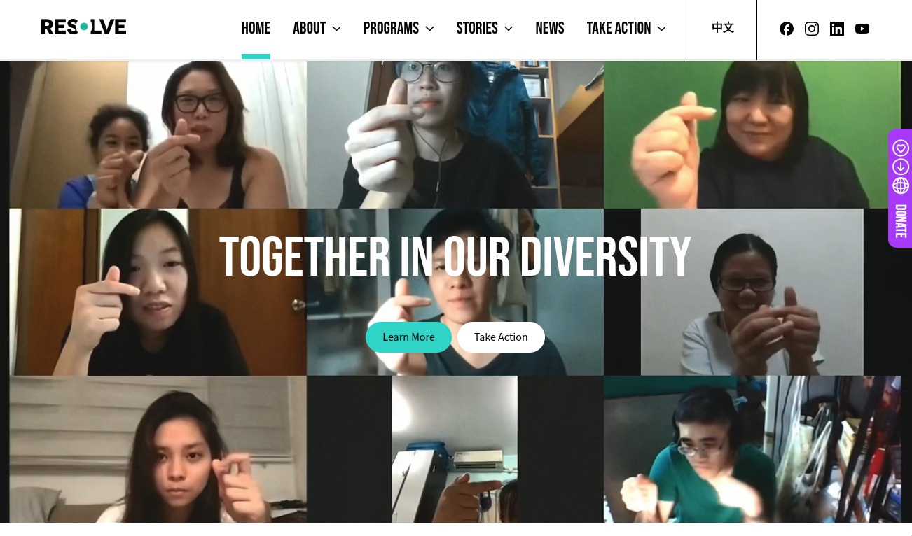 Resolve Foundation website homepage showing bilingual interface and modern design