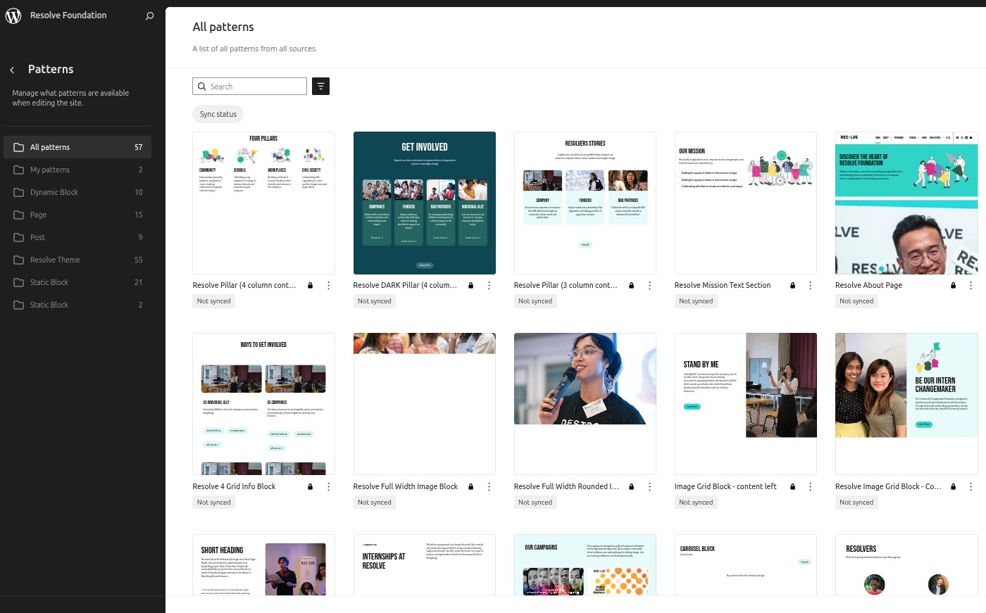 WordPress admin interface showing block patterns and content management capabilities