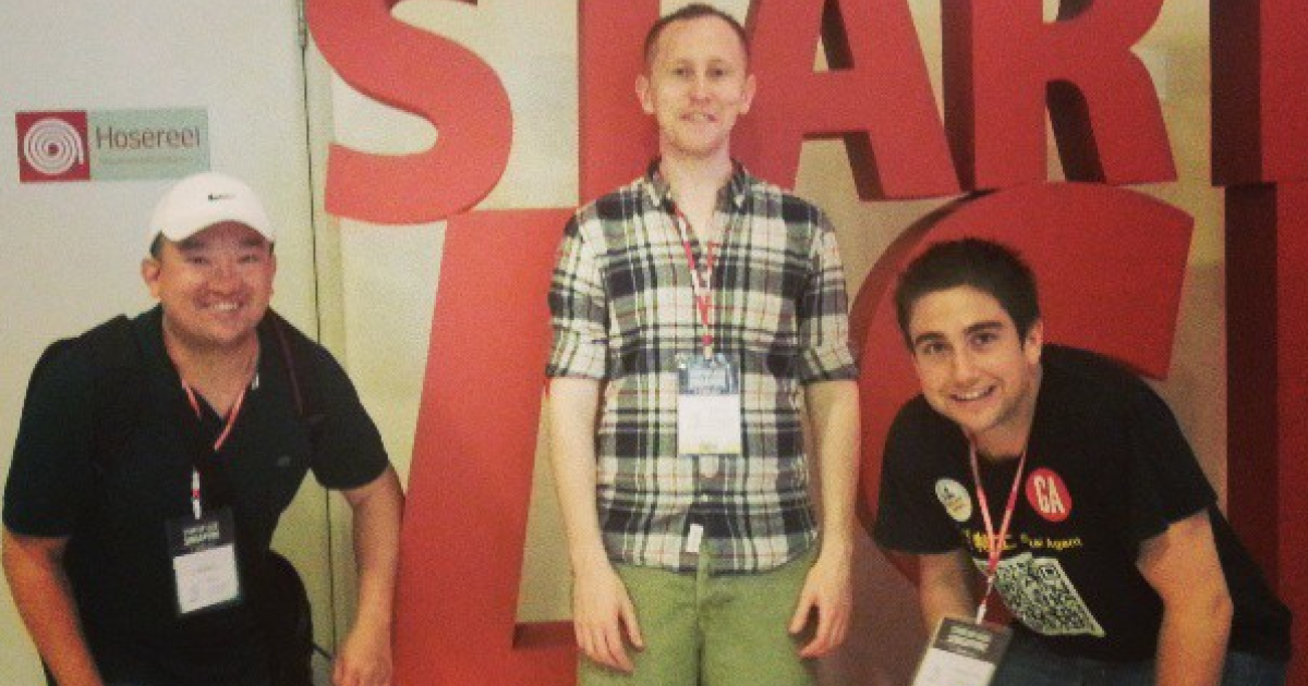 Social Agent co-founders at a startup event: Michael Michelini (CEO, left), Chris Li (CTO, center), and Doug Pierce (marketing & SEO, right)