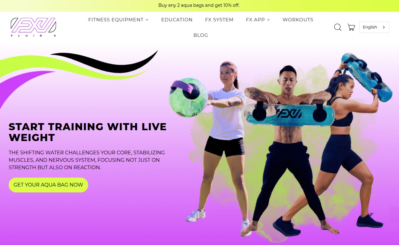 TheFluidX homepage hero section featuring models with aqua bag fitness equipment, promotional banner, and brand navigation