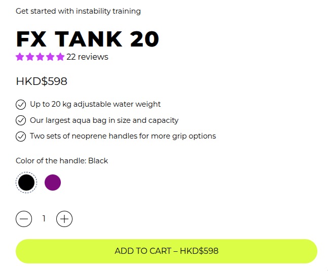 Product detail page for FX TANK 20 showing color swatches for handle color selection (black and purple circles), replacing traditional dropdown selectors with visual color selection