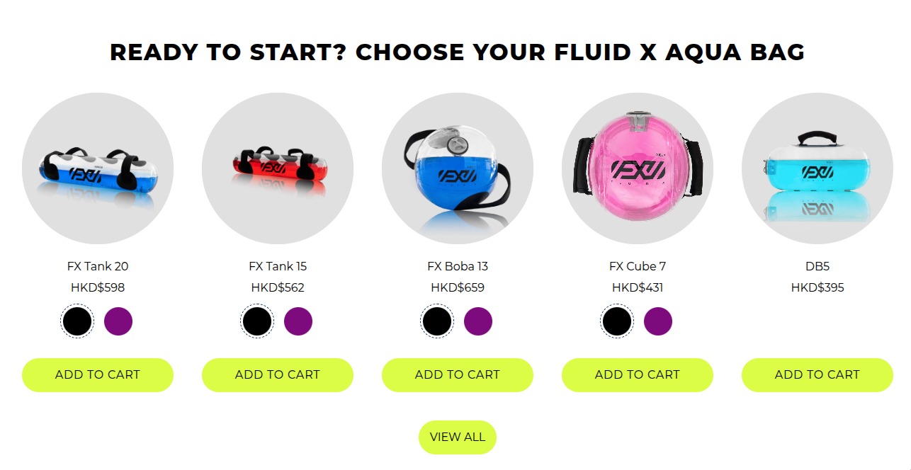 Product collection page displaying multiple Fluid X Aqua Bag products, each with color swatch options (black and purple circles) for variant selection, demonstrating the color swatch system across collection listings