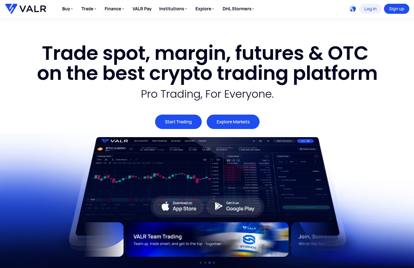 VALR.com homepage hero section featuring the Trade Arena campaign with futuristic robot character and bold typography