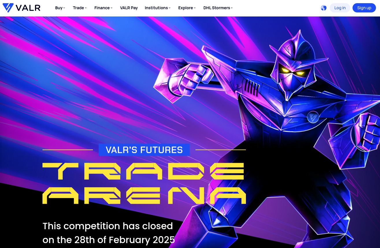 VALR.com English homepage showing the trading platform interface with BTC/USDC trading pair, candlestick charts, and order book